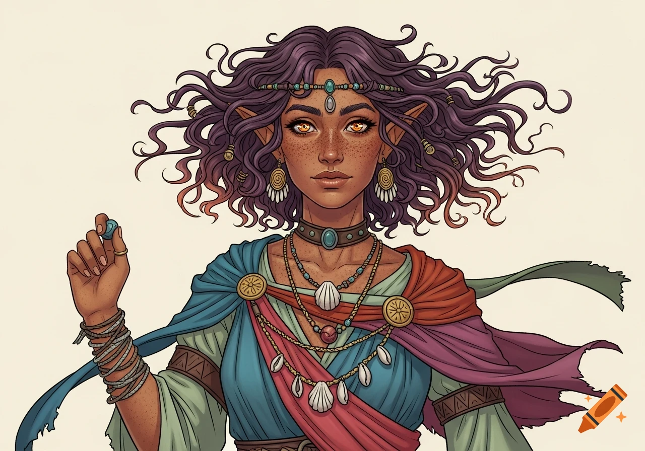 An illustrated D&D half-elf bard with dark skin, curly purple hair, fiery gold eyes, wearing colorful flowing garments and holding a blue gem.