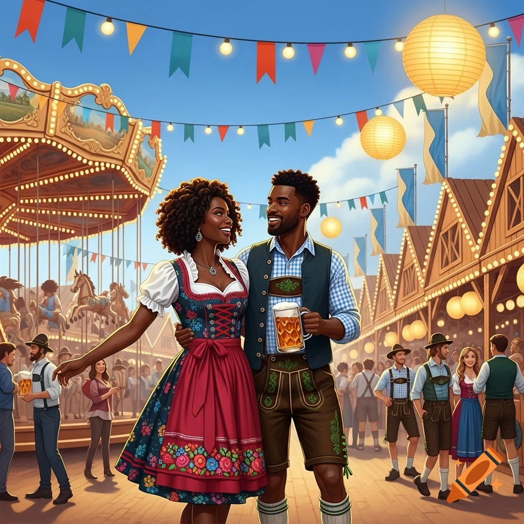 A dark-skinned couple in traditional Bavarian attire smiles and embraces at a lively Oktoberfest festival with a carousel and food stalls.