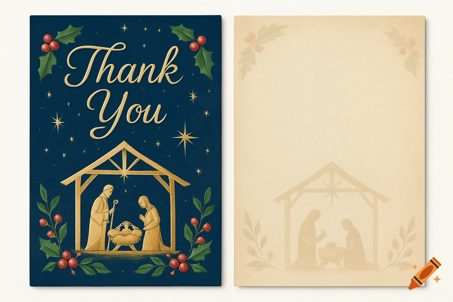 Christmas thank you card template showing the front with a gold nativity scene, "Thank You" text, holly on dark blue, and a faded back.