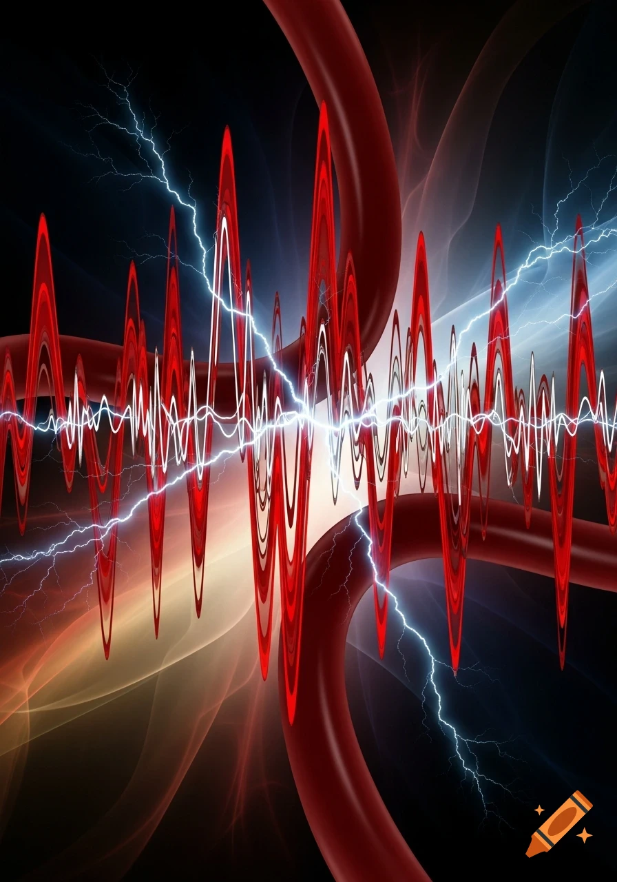 Abstract image with vibrant red and white waveforms crossing with jagged lightning bolts against a dark, swirling background.