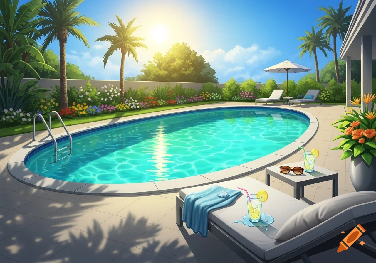 A vibrant illustration of a sunny backyard with an oval pool, palm trees, flowers, lounge chairs, and drinks.