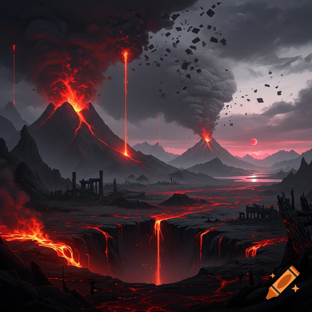 A dark, apocalyptic landscape with erupting volcanoes, glowing rivers of lava, a deep chasm, and ruins under a smoky red sky.