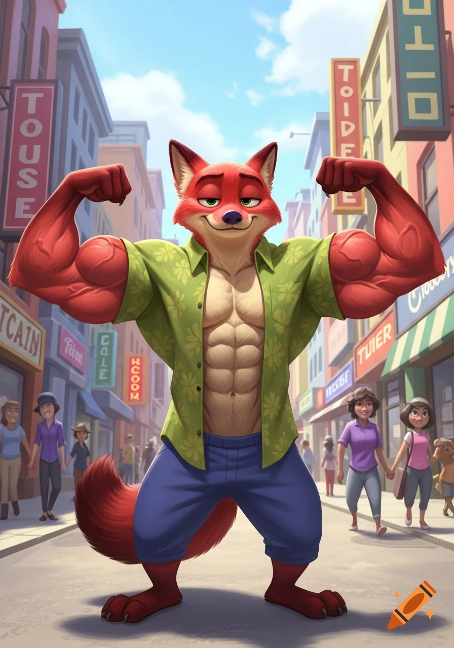 Muscular animated fox, Nick Wilde, flexing huge biceps and abs, wearing an unbuttoned green shirt and blue pants, on a city street.