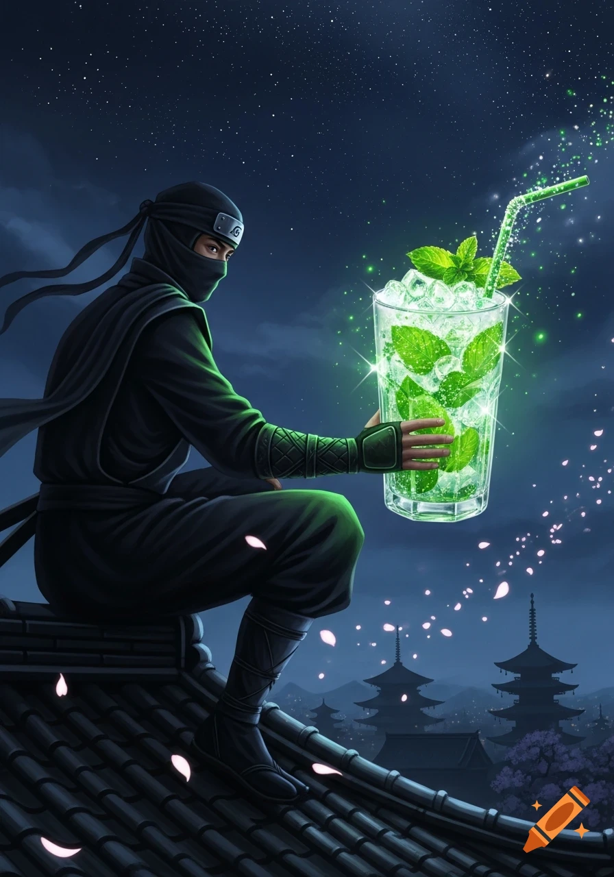 A ninja in black sits on a tiled roof at night, holding a glowing green mojito with mint and ice. Pagodas and cherry blossoms in the background.