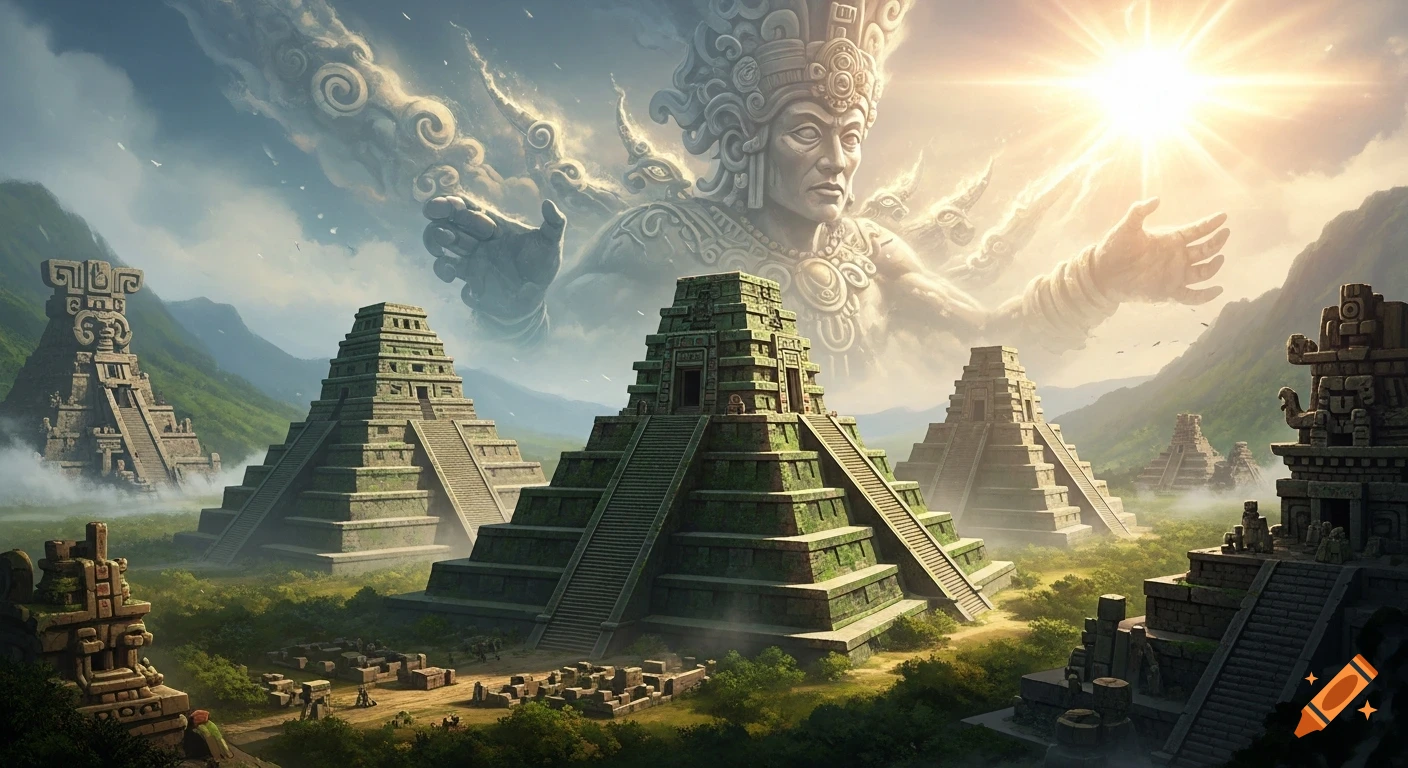 An epic view of moss-covered Aztec pyramids in a lush valley under a sky where a giant Aztec god figure emerges from clouds, with the sun as his eye.