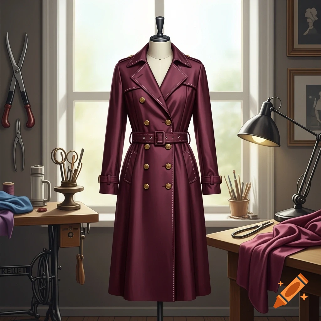 A burgundy trench coat on a mannequin in a bright tailoring workshop with sewing tools and fabric on wooden tables.