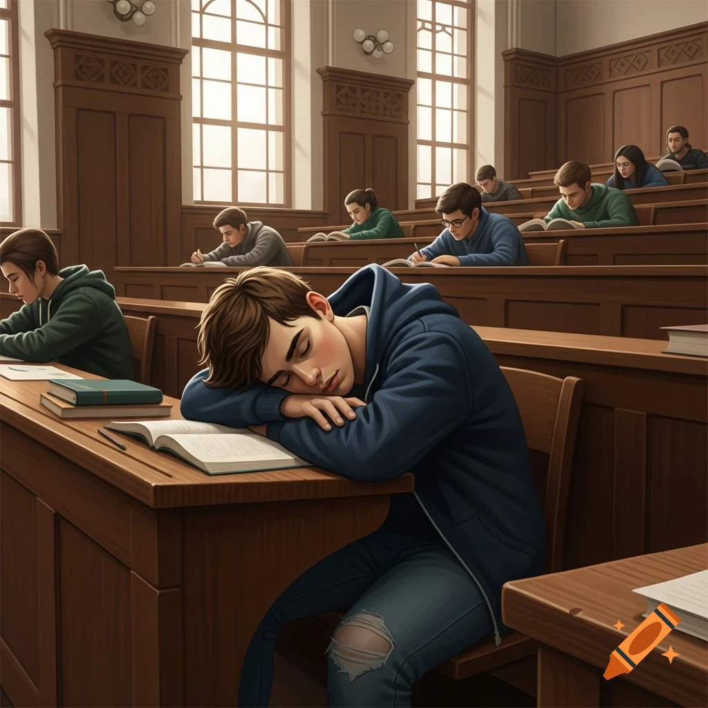 A male student in a blue hoodie sleeps with his head on a book at a wooden desk in a traditional classroom, surrounded by other students.