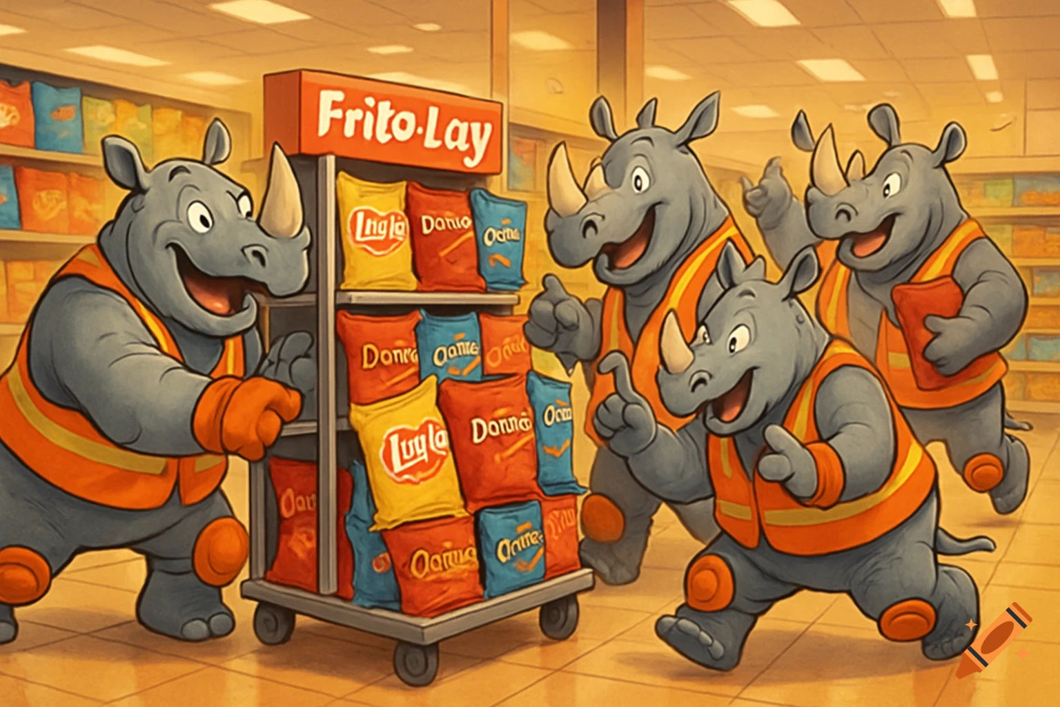 Cartoon rhinos in safety vests and pads work together in a grocery store, pushing a cart of Frito-Lay chips.