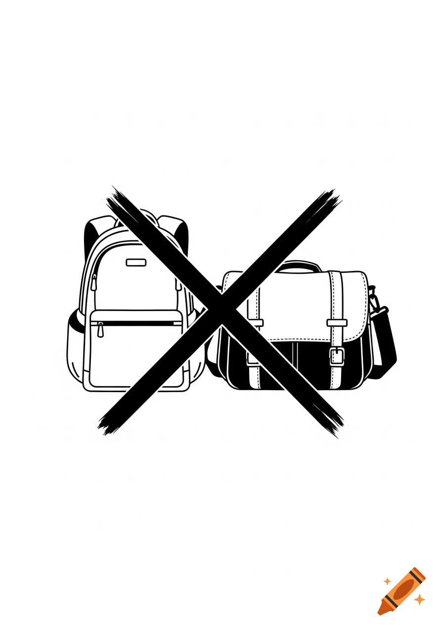 A black and white line art illustration showing a backpack and a messenger bag crossed out with a large 'X' mark.