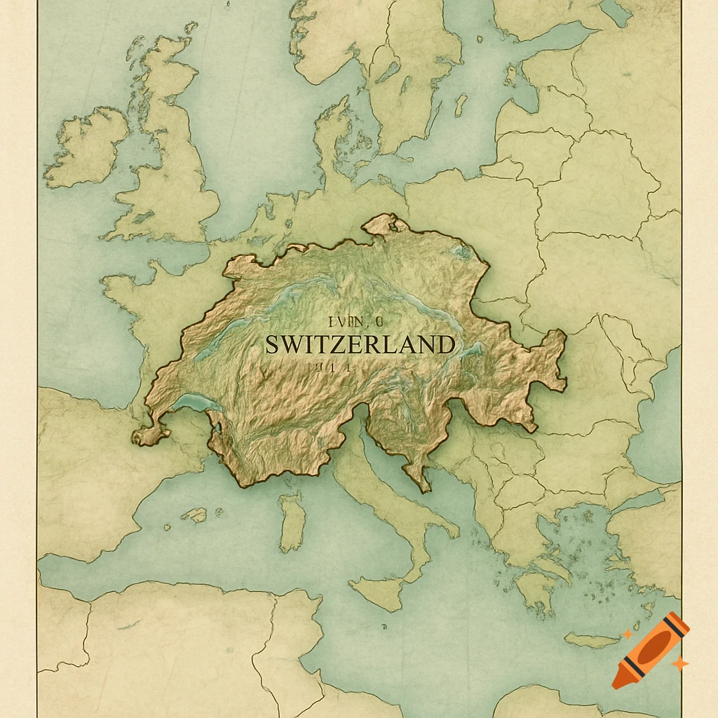 A vintage-style political and relief map of Europe with Switzerland centrally highlighted and labeled.