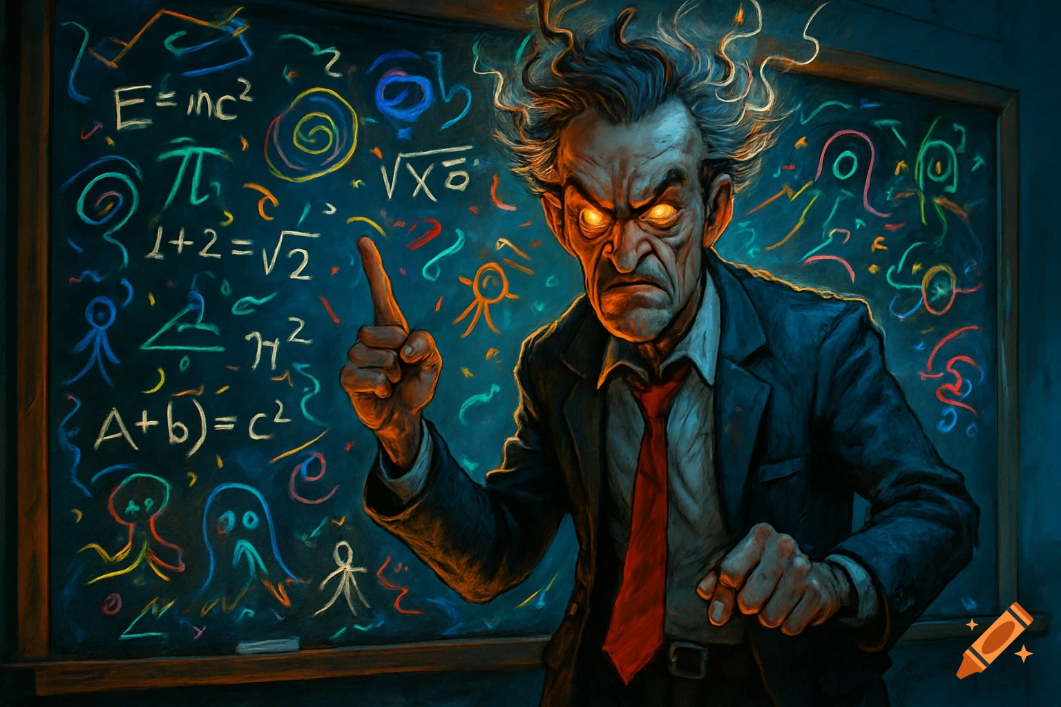 A very angry, disheveled math teacher with glowing eyes points at a chalkboard filled with colorful, jumbled equations and whimsical drawings.