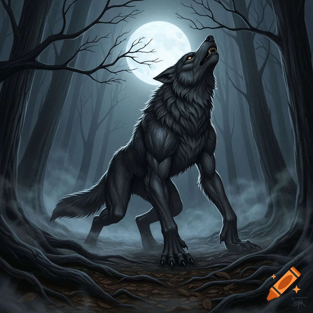 A dark, muscular werewolf howls at a full moon in a misty, eerie forest, in a dark fantasy illustration style.