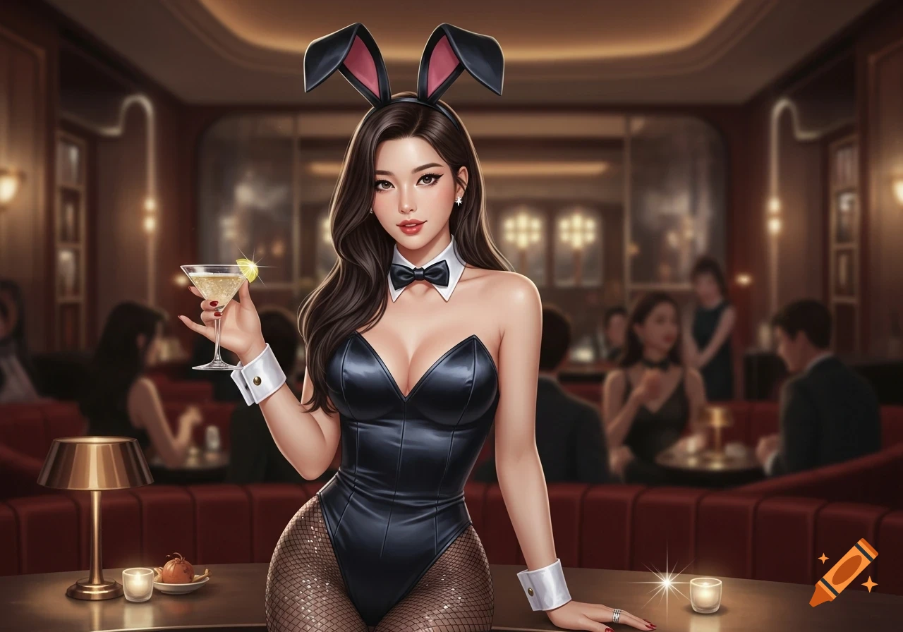 A digitally illustrated woman in a black bunny suit and fishnet stockings, holding a martini at a dimly lit bar.