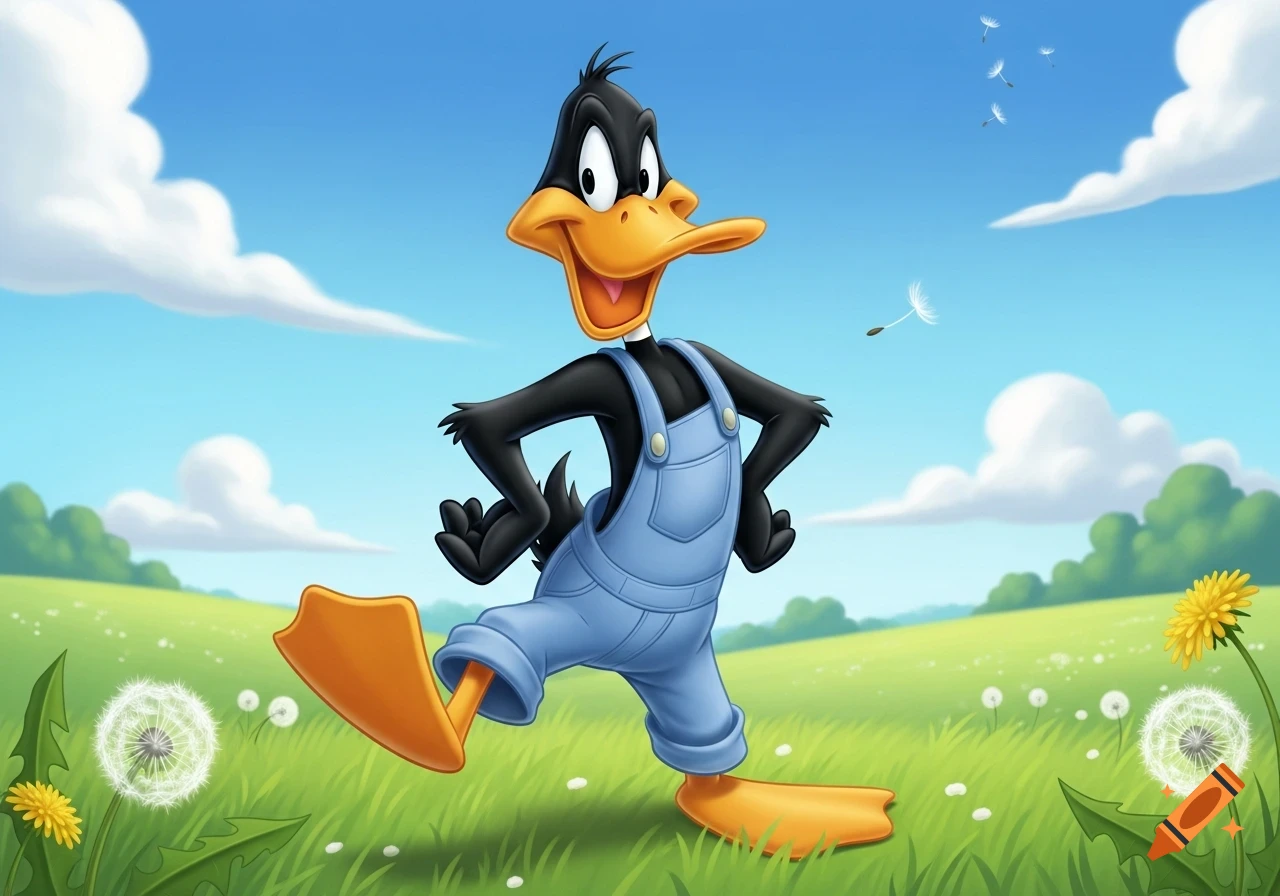Daffy Duck strides confidently through a sunny green field, wearing light blue overalls, with dandelions and clouds under a blue sky, in a cartoon style.