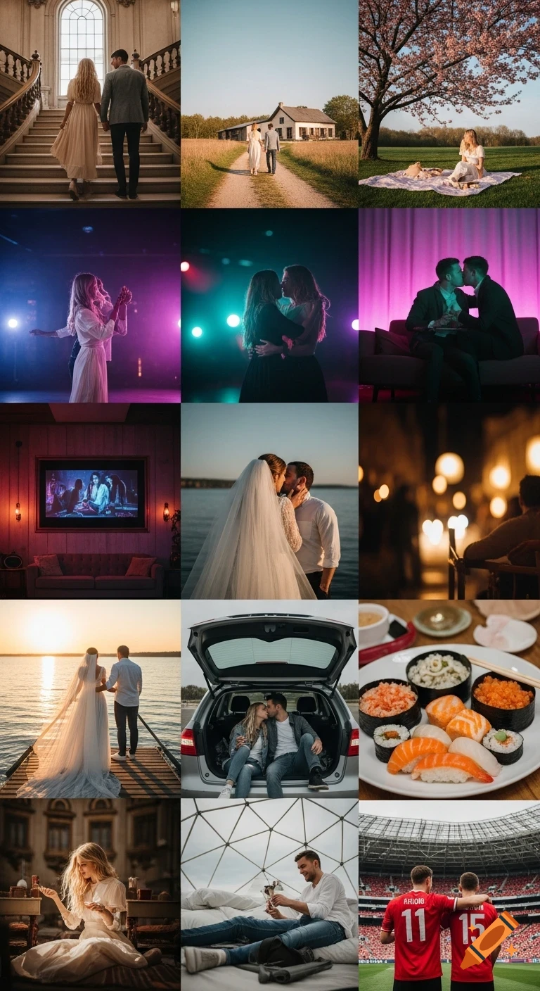 A collage of twelve images depicting various scenes of couples and individuals in different settings, from formal to casual.