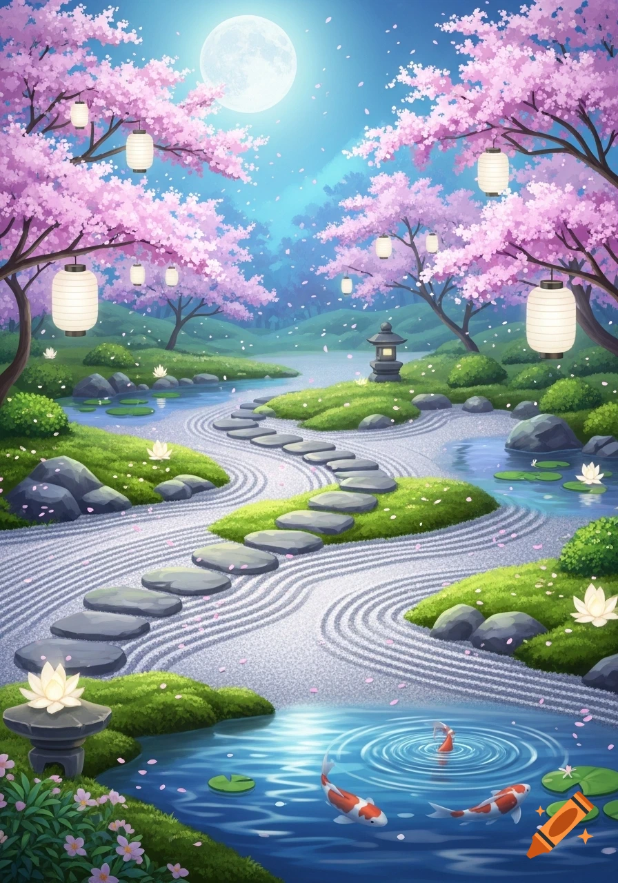 A vibrant Japanese garden at night with pink cherry blossoms, paper lanterns, a full moon, a winding path, a stream with koi fish, and lily pads.