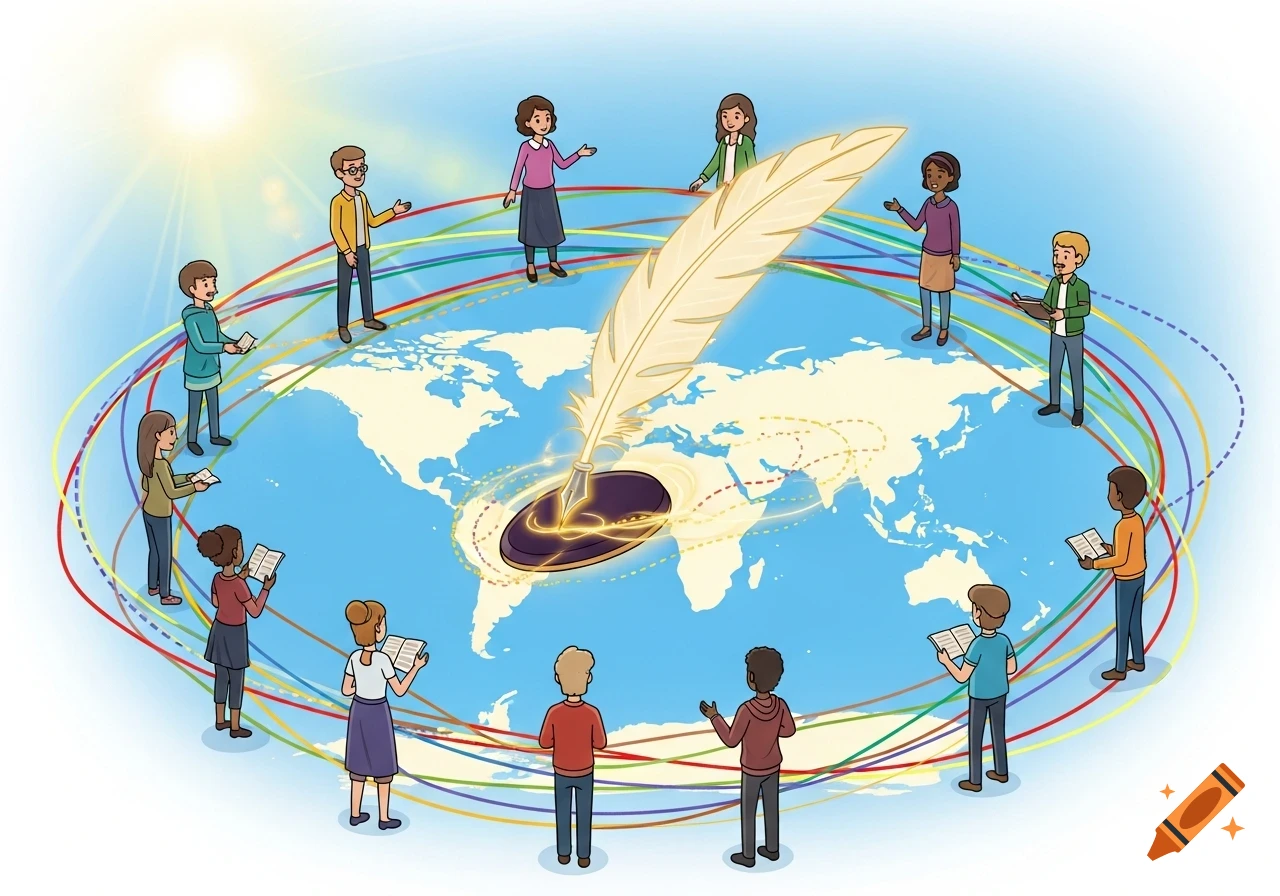 Cartoon illustration of diverse people standing around a world map, connected by colorful lines to a glowing quill pen in the center.
