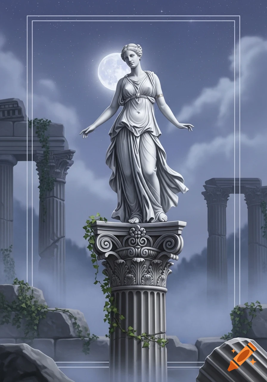 A marble statue of Venus stands on an ornate Roman pillar amidst ancient ruins under a full moon at night.