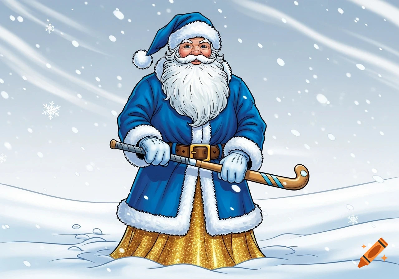 Comic art of Santa Claus in a blue outfit and gold skirt, holding a field hockey stick in a snowy landscape.