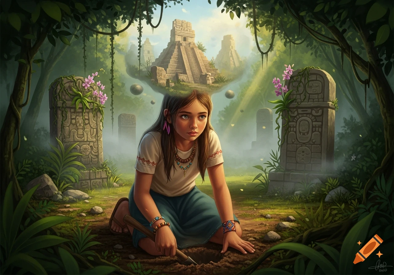 A young girl digs in a jungle clearing with ancient steles. Floating Mayan ruins hover above her head in a detailed fantasy illustration.
