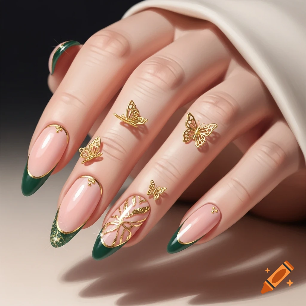 Pale hand with almond-shaped peachy pink and hunter green French tip nails, adorned with gold details and small gold butterflies.