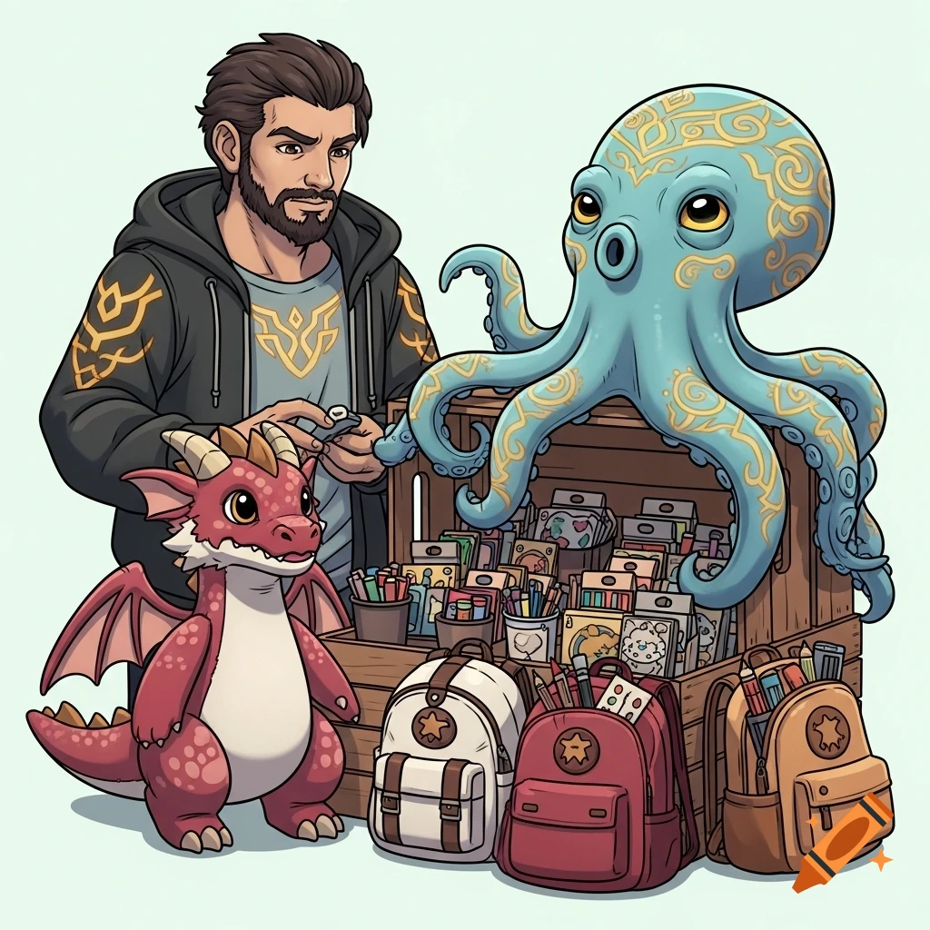 A cartoon man stands next to a market stall with a red dragon plushie and a blue octopus. Backpacks and art supplies fill the stall.
