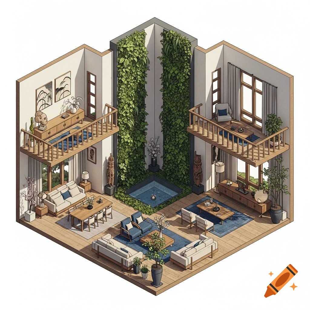 An isometric view of a multi-level Japandi mansion interior with vertical gardens, a small pool, blue accents, and modern furniture.