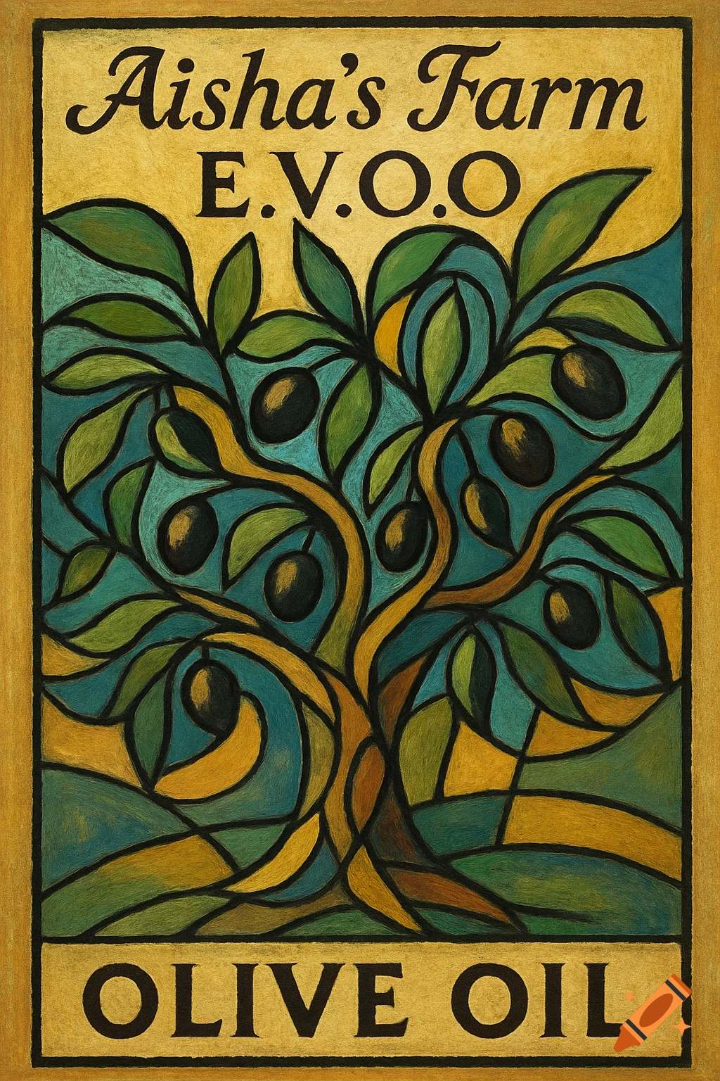 A stylized painting of an olive oil label featuring an olive tree and the text 'Aisha's Farm E.V.O.O' and 'OLIVE OIL'.