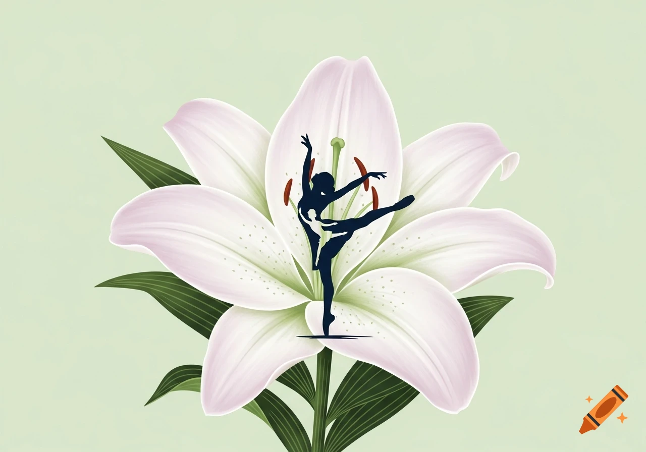 A stylized illustration of a white lily flower with a dark silhouette of a ballerina dancing inside it, against a light green background.