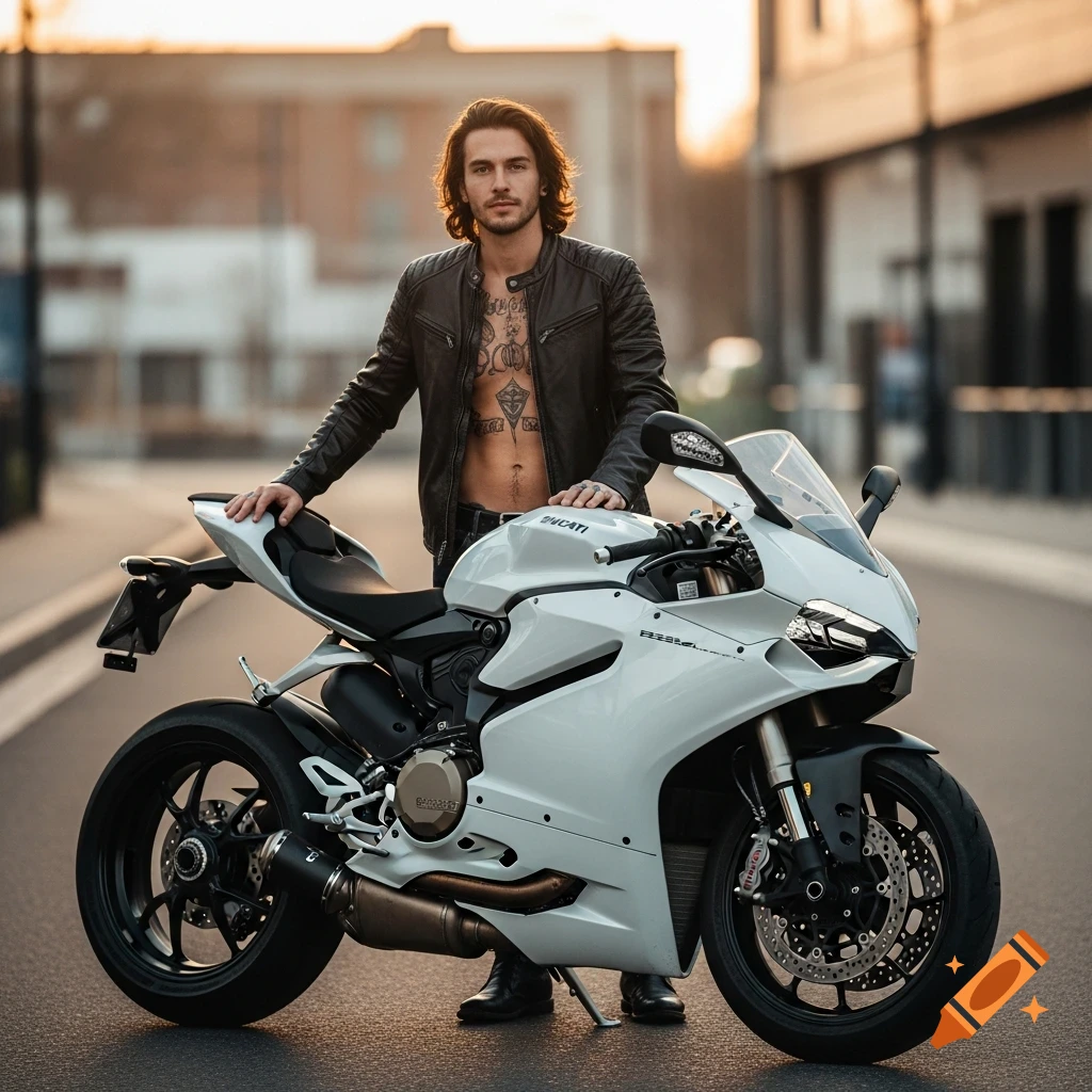 Man with open leather jacket and tattoos stands next to a white Ducati motorcycle on a street, photorealistic.