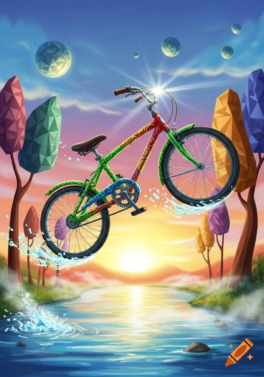 A colorful, stylized bicycle jumps from a river at sunset amidst geometric trees and floating planets.