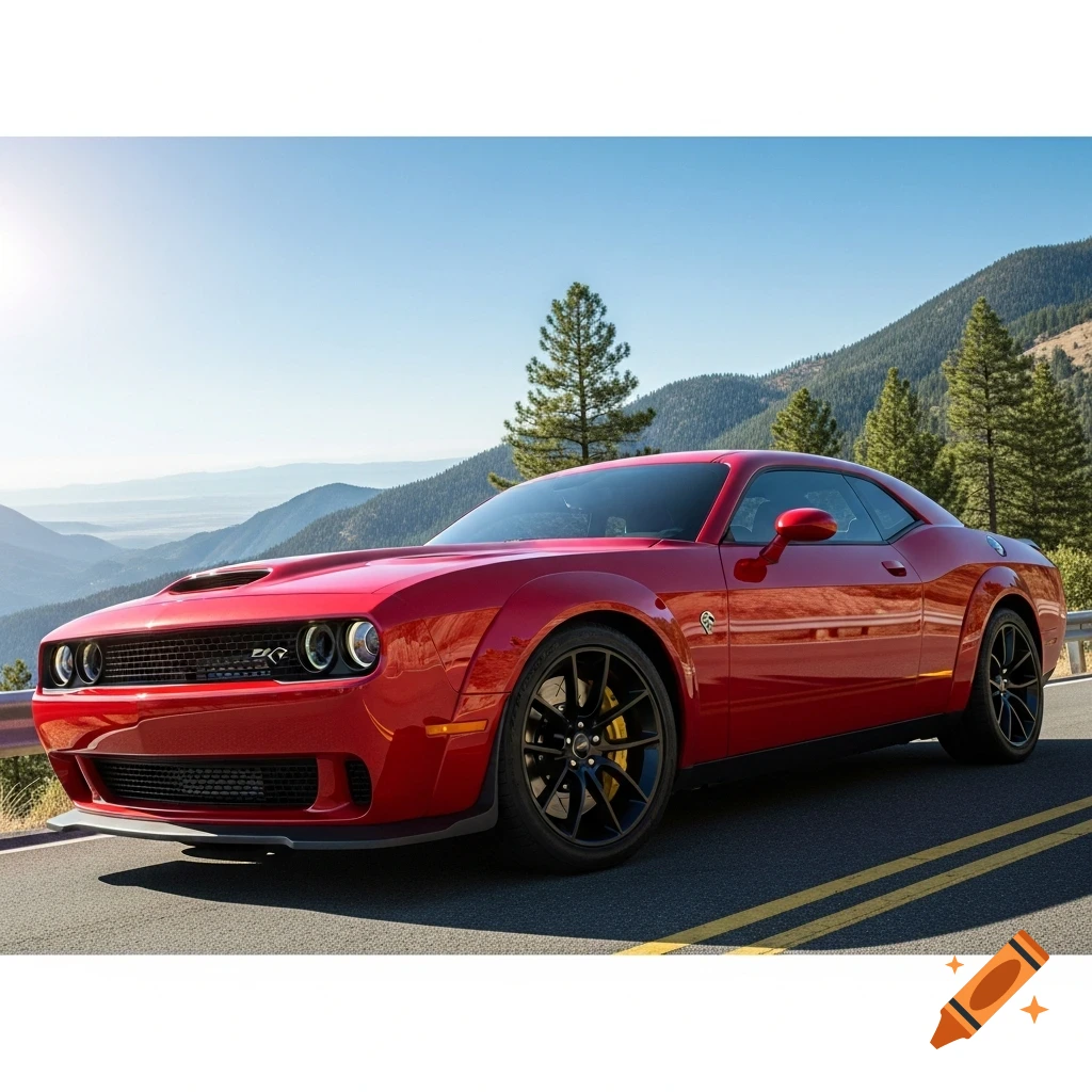 A red Dodge Challenger with yellow brake calipers parked on a mountain road, with a clear sky and distant mountains in the background.