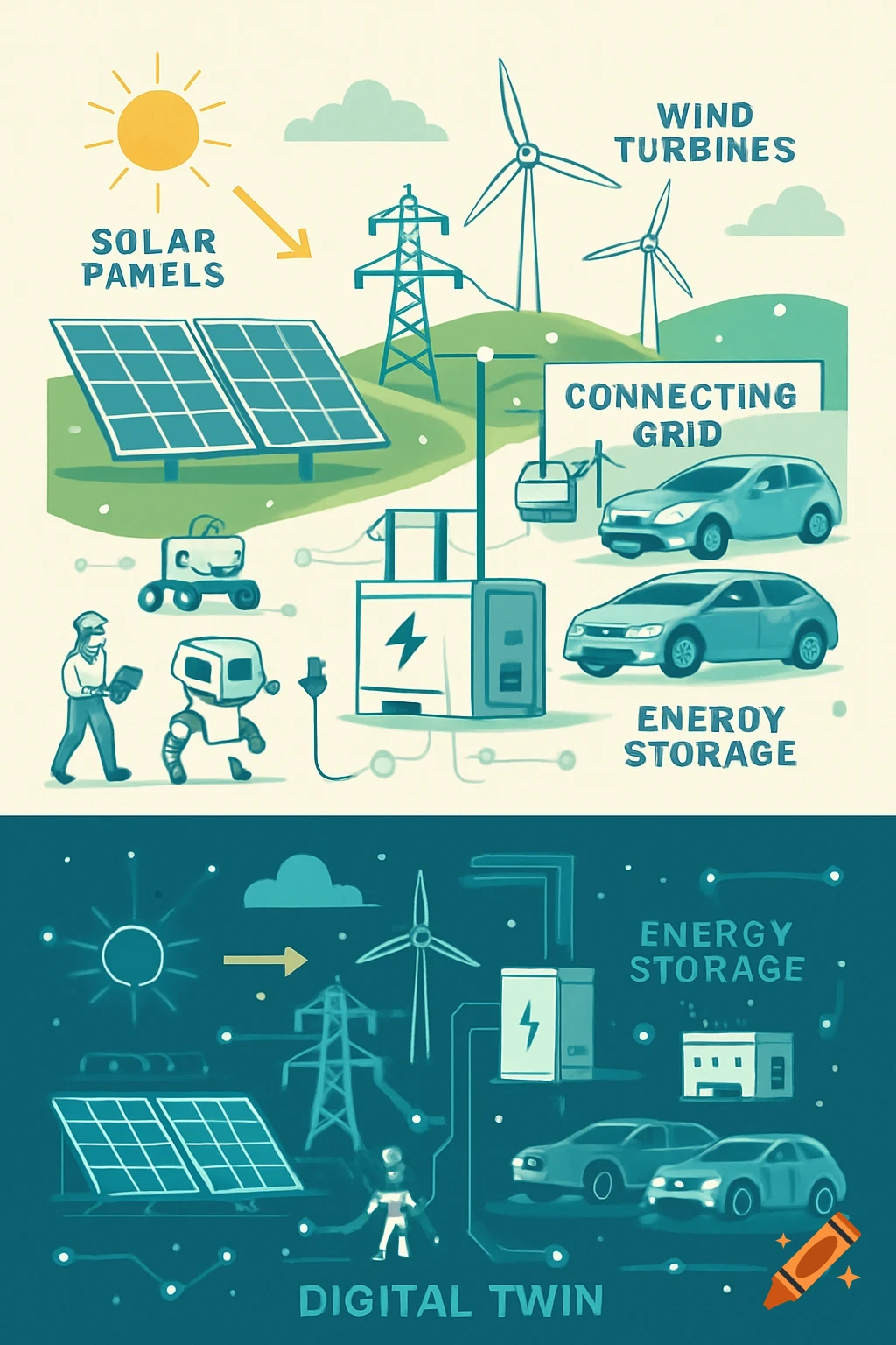 An infographic showing a renewable energy system with solar panels, wind turbines, a connecting grid, energy storage, and electric vehicles, mirrored by a digital twin representation.