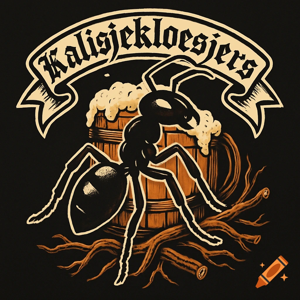 A stylized logo featuring a black ant standing in front of a foaming beer barrel, with roots below and a banner above reading 'Kalisjekloesjers'.