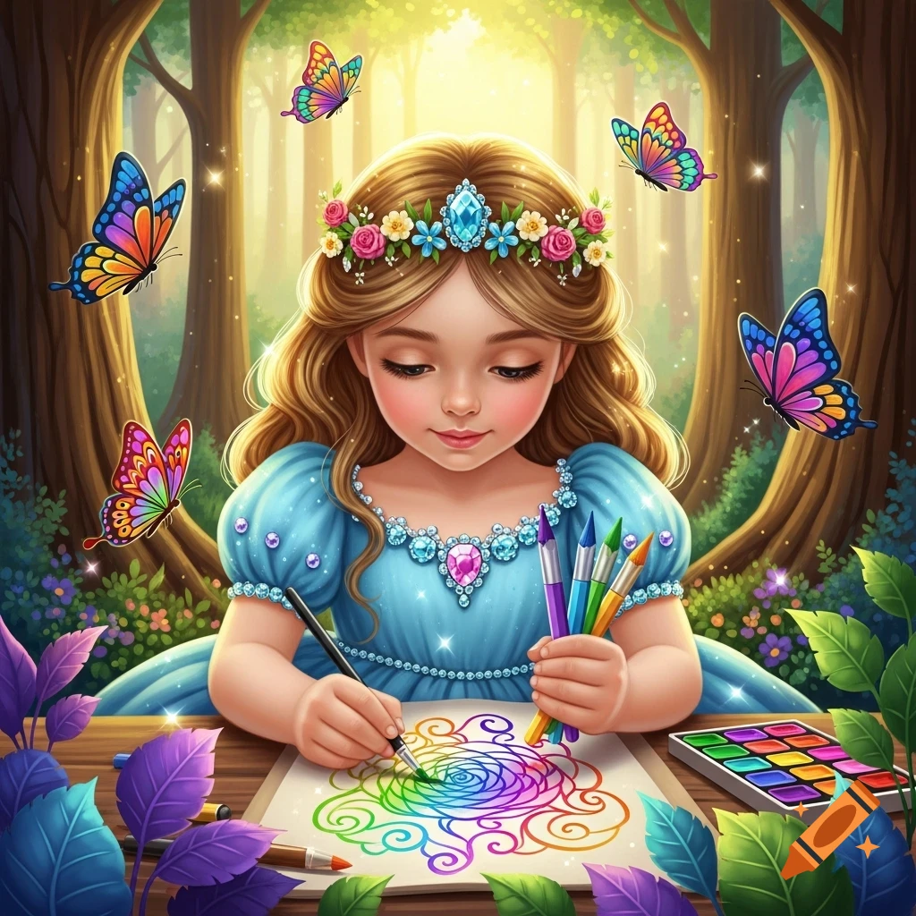 A little princess in a blue dress with a flower crown colors a rainbow mandala in a magical forest with butterflies.