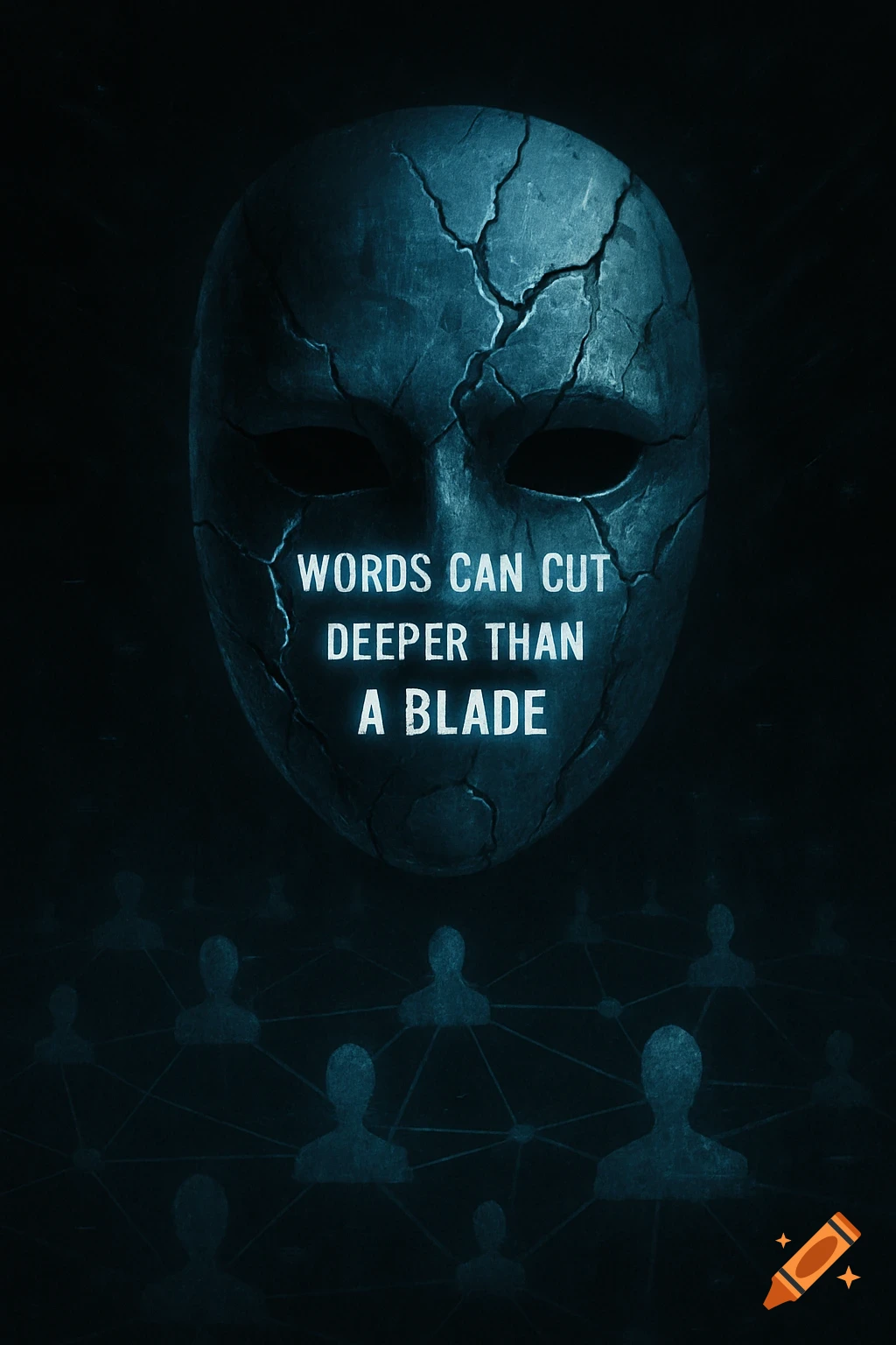 A cracked, dark blue mask with glowing text 'WORDS CAN CUT DEEPER THAN A BLADE' above a network of shadowy user icons.