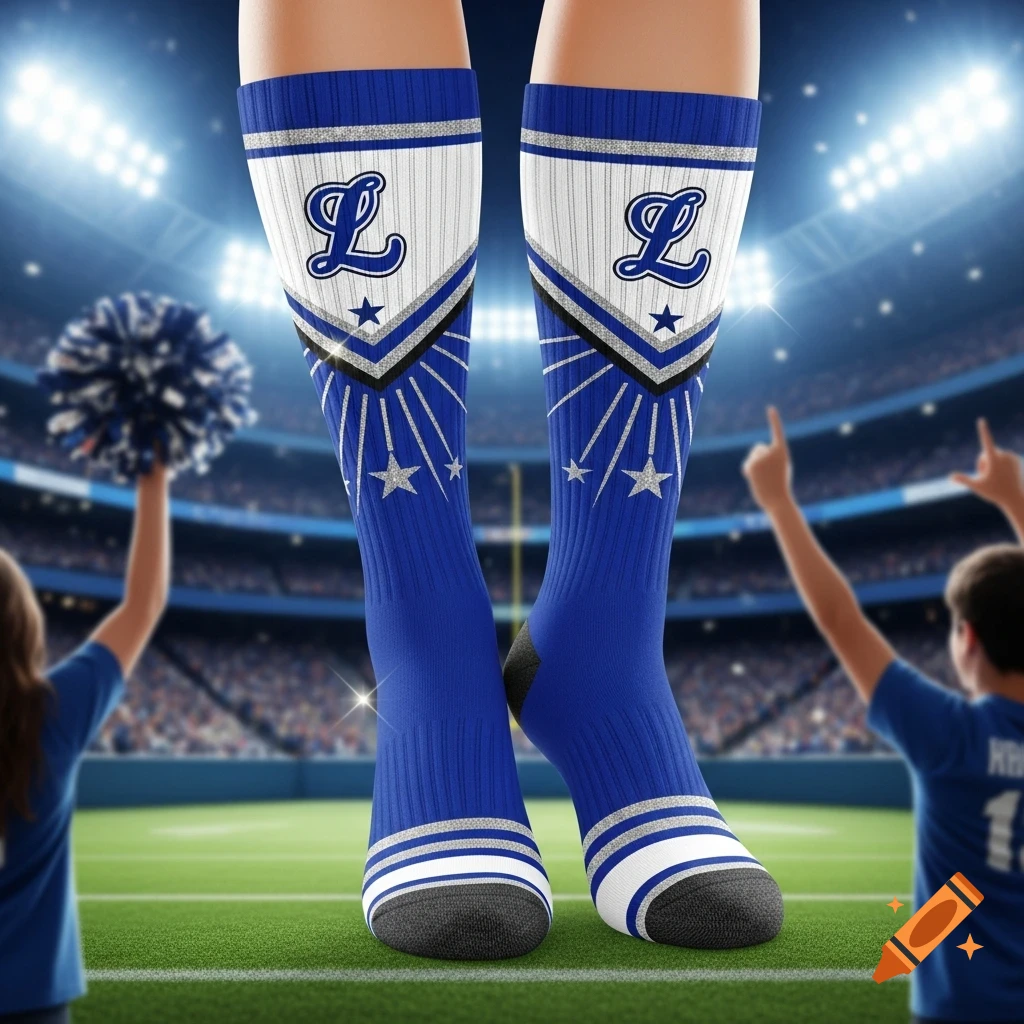 Pair of blue and white cheerleading socks with an 'L' logo and stars, worn on legs in a blurred stadium background.