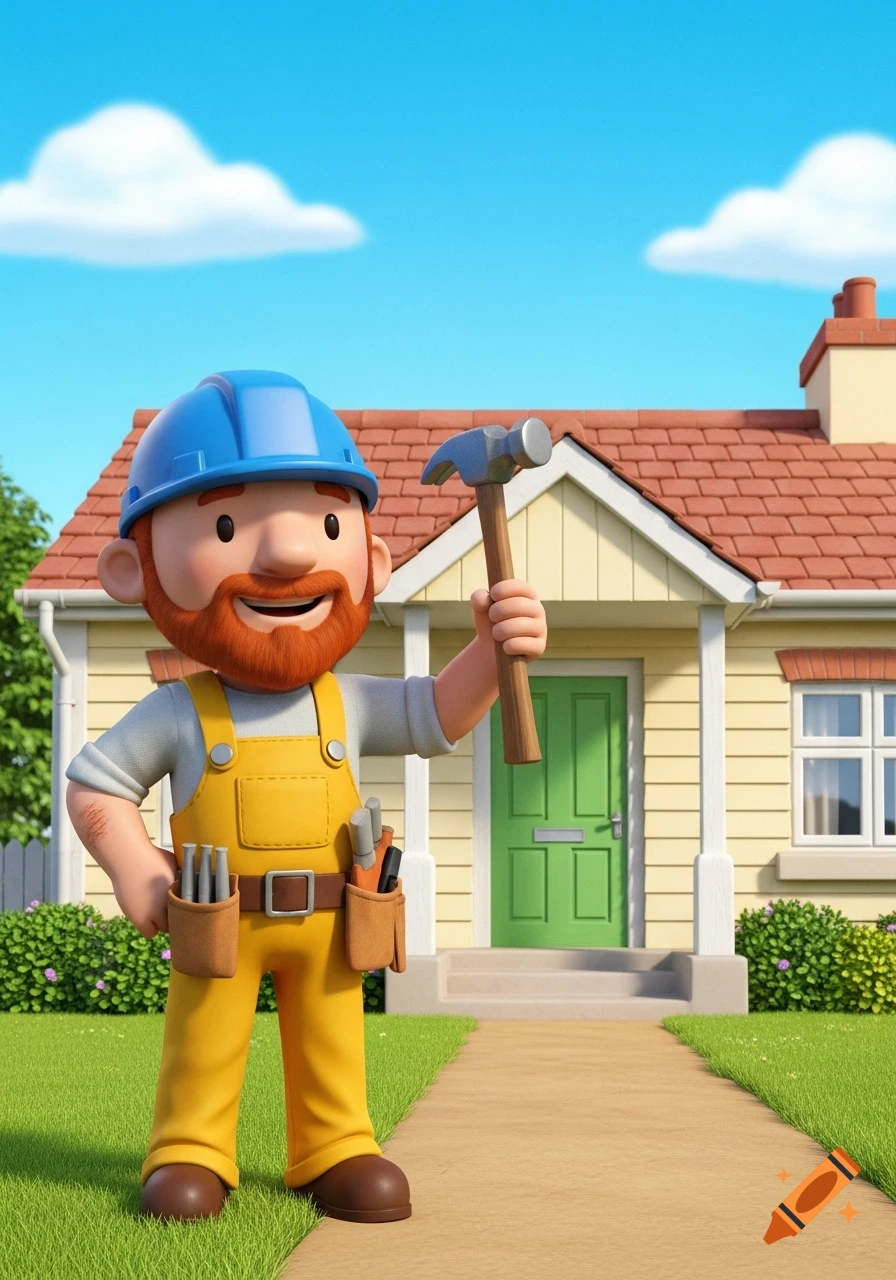 A cartoon man with a red beard, blue hard hat, and yellow overalls stands in front of a yellow house with a green door, holding a hammer.
