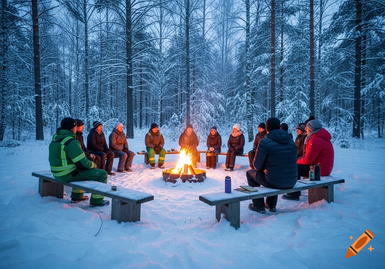 A group of people sit around a glowing campfire on a snowy winter night in a dense forest.