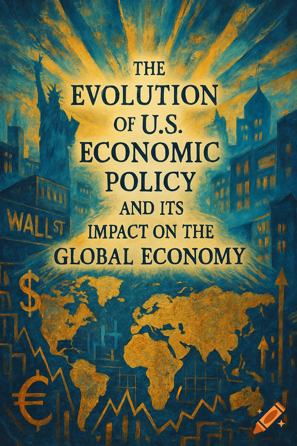Book cover with title 'The Evolution of U.S. Economic Policy and Its Impact on the Global Economy', featuring the Statue of Liberty, cityscapes, world map, and currency symbols in a golden and blue painterly style.