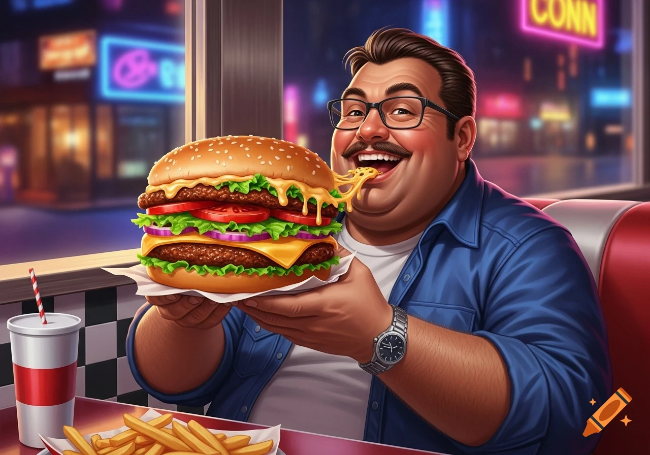 A happy man with glasses eats a huge double cheeseburger, pulling a string of cheese, in a vibrant cartoon diner.