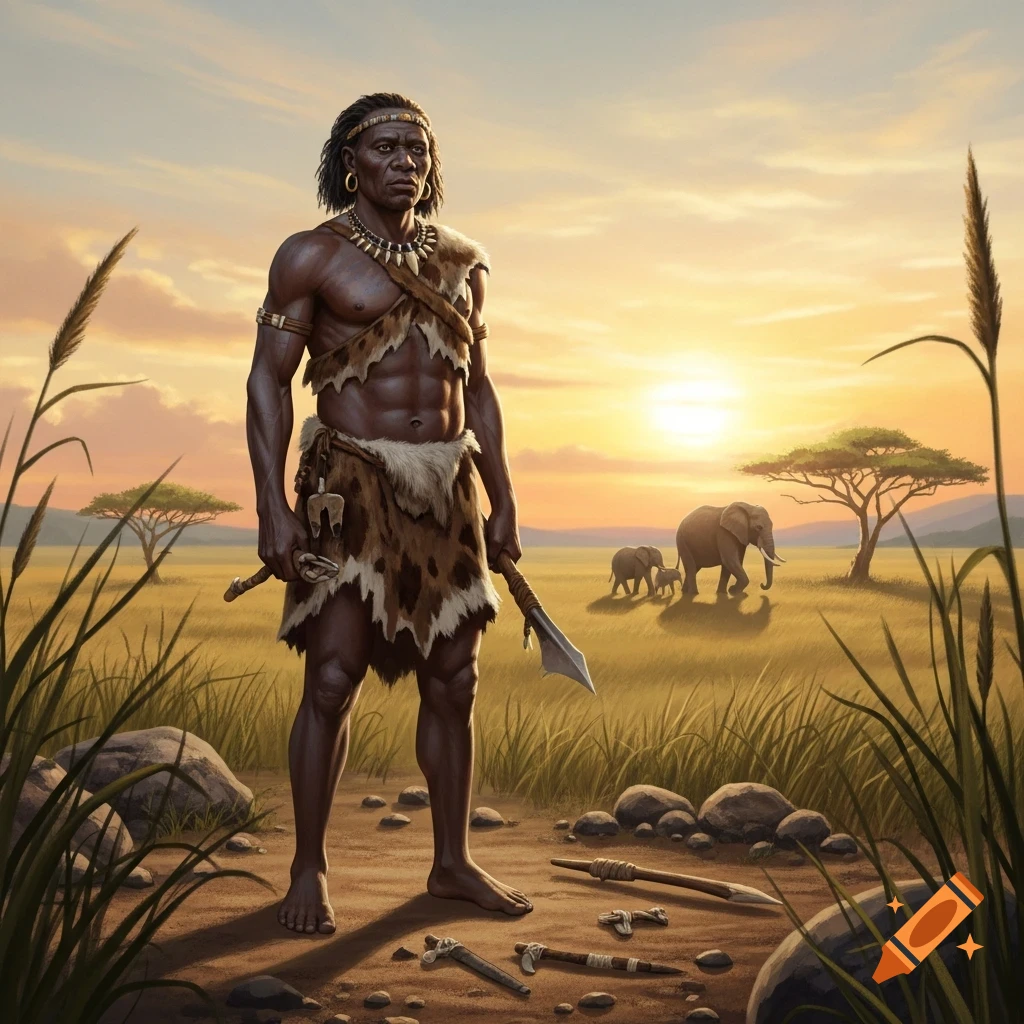 A man in a leopard skin loincloth holds a spear in a golden savannah at sunset, with elephants in the distance.