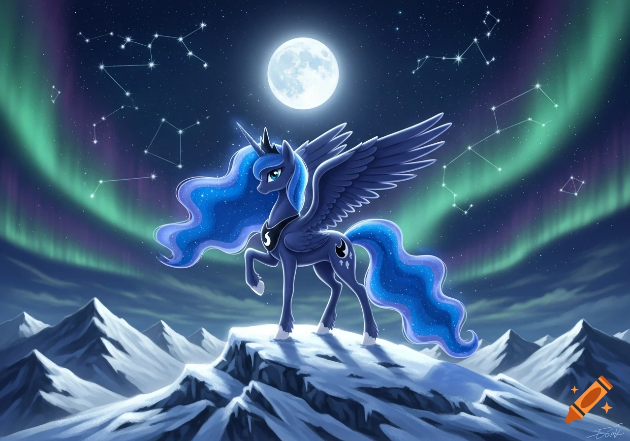 Princess Luna, a dark blue pony with wings and a crown, stands on a snowy mountain under a full moon and aurora borealis with constellations. Digital art.