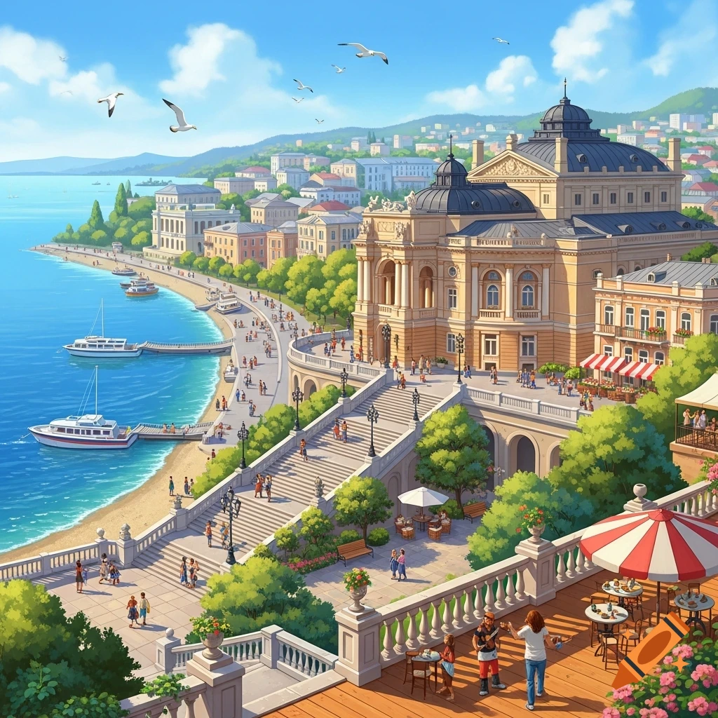 Vibrant cartoon illustration of a bustling coastal city with a grand opera house, a long promenade, boats on the blue sea, and seagulls in a clear sky.