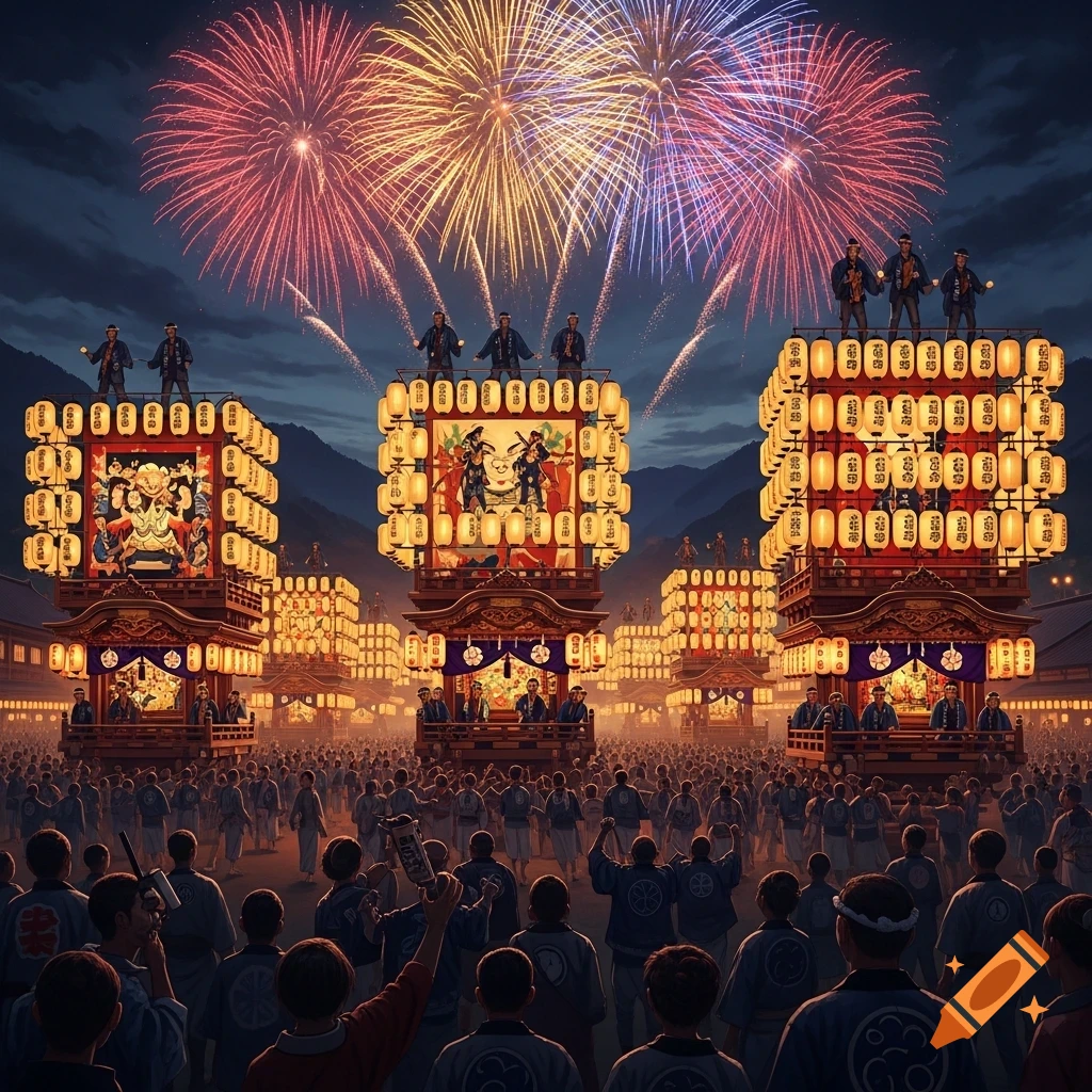A vibrant Japanese night festival with massive lantern-lit floats, crowds, and a spectacular fireworks display overhead.