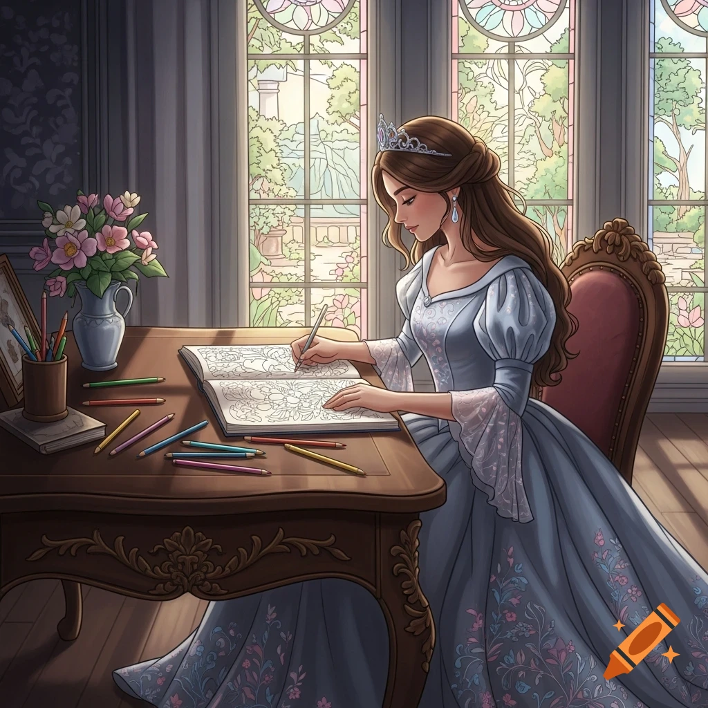A princess in a blue dress with a tiara colors in a book at an ornate wooden desk in a room with stained-glass windows.