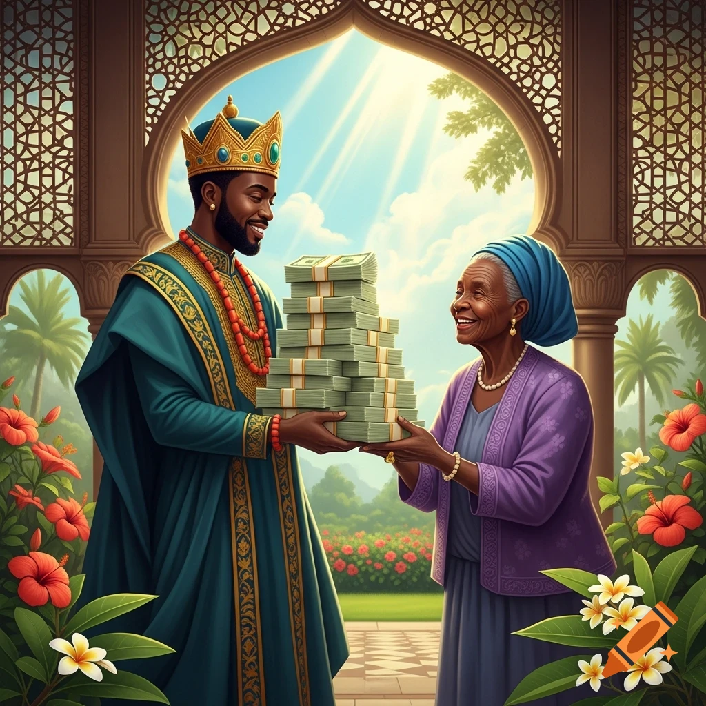 A man in royal attire gives a large stack of cash to a smiling older woman in a vibrant, sunny garden setting.