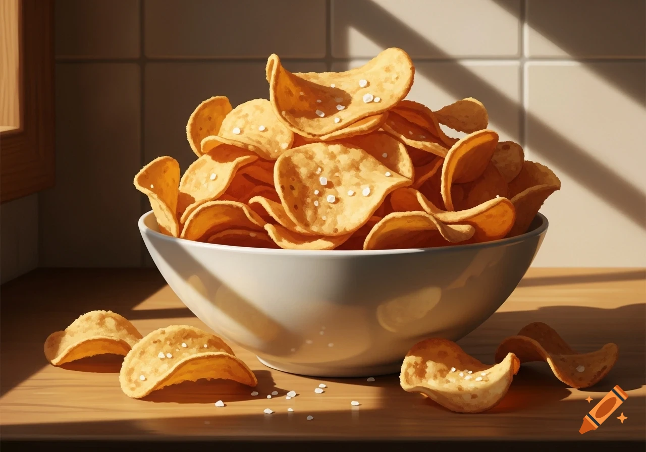 A white bowl overflows with golden potato chips sprinkled with salt, resting on a wooden surface in sunlight.