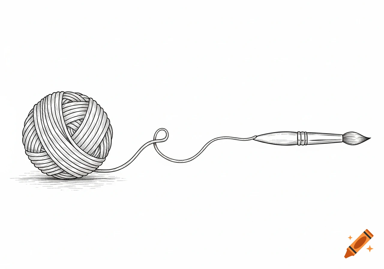 Monochrome illustration of a ball of yarn unraveling and transforming into a paintbrush with a flowing thread.