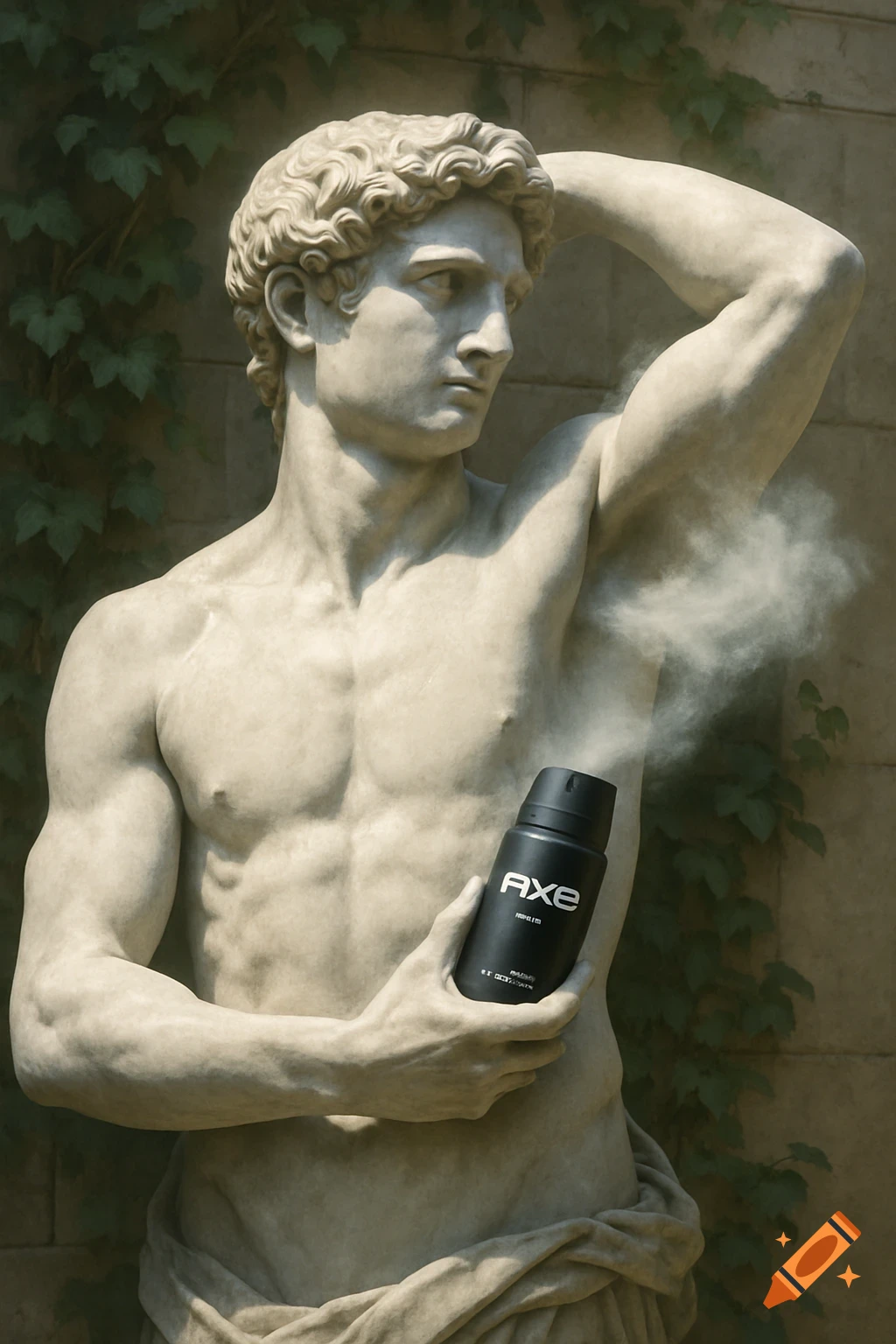 Photorealistic image of a classical marble statue applying Axe deodorant with a spray to its armpit, against an ivy-covered stone wall.
